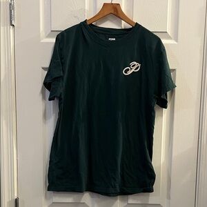 PINK Victoria's Secret Dark Green Crew Tee with White Script Logo
